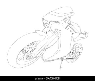 Un disegno in bianco e nero di una motocicletta. La motocicletta è mostrata in modo molto dettagliato, con pneumatici, sedile e manubrio chiaramente visibili Illustrazione Vettoriale