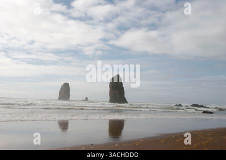 11 ottobre 2005 - Cannon Beach, Oregon, Stati Uniti - Vista su Cannon Beach. Cannon Beach, una città della contea di Clatsop, Oregon, Stati Uniti, è una ricca destinazione turistica, popolare in tutto il Pacifico nord-occidentale. Grazie alla sua vicinanza a Portland, Oregon, è particolarmente conosciuta per essere un luogo di fuga per il fine settimana per i Portlanders. Cannon Beach è generalmente considerata un'alternativa più tranquilla e più colta al talvolta raucoso Seaside, Oregon. (Immagine di credito: © Sandra Tietje/Keystone Pressedienst/ZUMA Press) Foto Stock