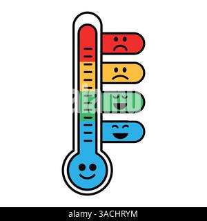 Icone del vettore emozionale del termometro. Graziosi termometri a cartoni animati che mostrano temperature diverse con facce espressive. Perfetto per le condizioni meteorologiche, climatiche e h Illustrazione Vettoriale