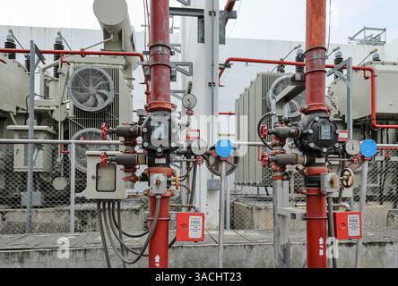 Valvola di controllo dell'acqua, valvola sulla pompa dell'acqua in un settore industriale per la fornitura di acqua ad alta pressione. Tubi sprinkler dell'acqua e sistema di controllo della pressione. Foto Stock