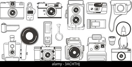 Graziose fotocamere e accessori vintage disegnati a mano, perfette per la progettazione di adesivi, la decorazione di superfici, stampe e progetti di creazione. Un totale di 15 articoli. Ve Illustrazione Vettoriale