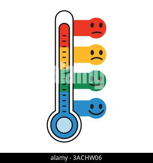 Icone del vettore emozionale del termometro. Graziosi termometri a cartoni animati che mostrano temperature diverse con facce espressive. Perfetto per le condizioni meteorologiche, climatiche e h Illustrazione Vettoriale