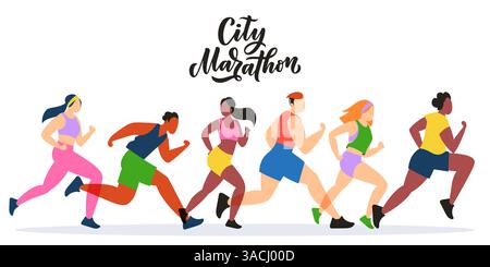 Elementi di design del poster della maratona cittadina. Colorate persone che corrono su sfondo bianco. Illustrazione piatta vettoriale. Sport all'aperto e stile di vita sano Illustrazione Vettoriale