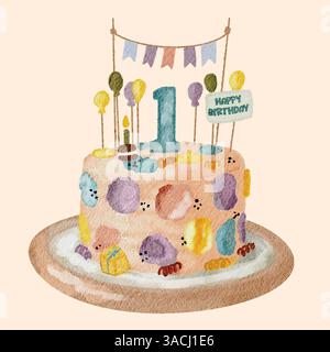 Illustrazione ad acquerello della torta del primo compleanno e candela con decorazione pastello Illustrazione Vettoriale