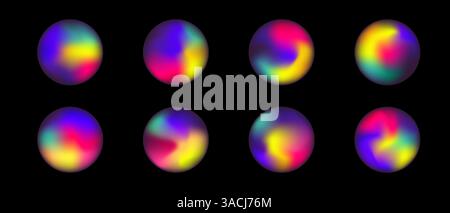 Set di cerchi olografici luminosi gradiente mesh su sfondo nero, illustrazione vettoriale sfera gradiente di accumulo di energia liquida Illustrazione Vettoriale