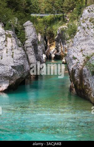 Grande Gola di Soca, fiume Soca, in sloveno Velika korita. Valle di Lepena, Alpi Giulie, comune di Bovec, Slovenia, Europa Foto Stock