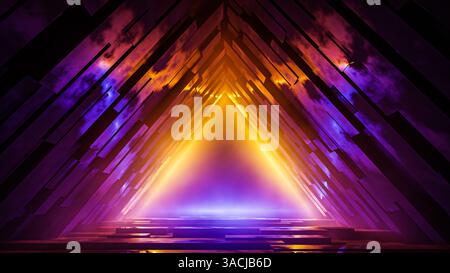 Futuristico tunnel triangolare illuminato da vivaci luci al neon in tonalità viola, giallo e blu, che creano un paesaggio digitale fantascientifico surreale. Foto Stock