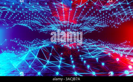 Panorama digitale futuristico con punti blu e rossi brillanti che formano una rete mesh dinamica nel cyberspazio. Foto Stock