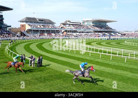 I corridori e i piloti si metteranno davanti all'ostacolo William Hill handicap il secondo giorno del Randox Grand National Festival all'Aintree Racecourse di Liverpool. Data foto: Venerdì 4 aprile 2025. Foto Stock