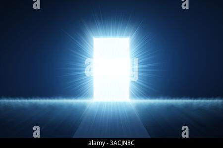 Aprire lo sportello con luce astratta su sfondo blu. Gateway digitale, porta virtuale. Illustrazione Vettoriale