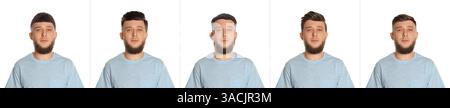 Uomo con diverse acconciature su sfondo bianco, collage di ritratti Foto Stock