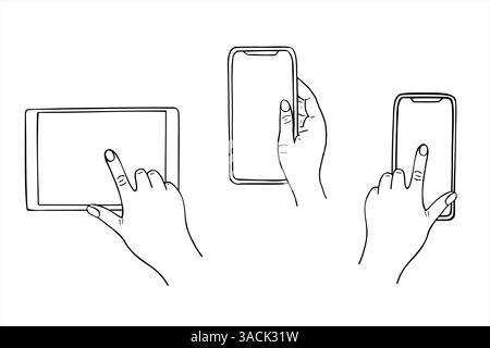 Tocco vettoriale, scorrimento o clic sullo schermo dello smartphone, del tablet e del set di illustrazioni grafiche dello schizzo del telefono con la mano. Modello vuoto Illustrazione Vettoriale