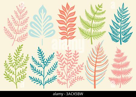 Illustrazione botanica colorata con varie foglie di felce stilizzate in diverse forme e colori su uno sfondo chiaro. Illustrazione Vettoriale