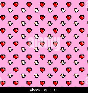 Sfondo rosa con cuori rossi pixelati e motivo anatre bianche Illustrazione Vettoriale