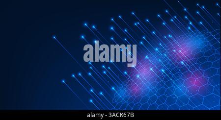 Big Data Technology Abstract background. Linee provenienti da forme geometriche esagonali, che rappresentano il volume crescente di dati, elaborazione e Illustrazione Vettoriale