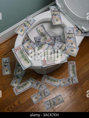 Un bagno è pieno di soldi, comprese banconote da cento dollari. Più soldi sono sparsi sul pavimento. Un concetto di buttare soldi nel bagno, un ph Foto Stock