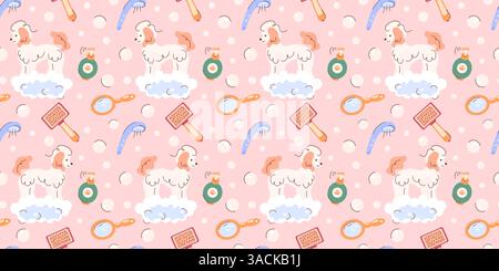 Disegnare senza cuciture con cani da barboncino, schiuma, bolle di sapone, concetto di salone di bellezza per animali domestici, accessori cosmetici per cani. Sfondo per un salone di cura degli animali domestici. Imballaggi, tessili, abbigliamento. Illustrazione vettoriale Illustrazione Vettoriale