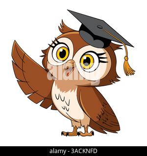 Illustrazione del gufo carino. Vettoriale piatto in stile per bambini con gufo in un cappuccio graduato rivolto verso l'ala. Perfetto per la scuola, l'apprendimento e.. Illustrazione Vettoriale