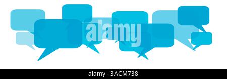 Il banner blu mostra molte bolle di discorso come modello di sfondo per social media, chat, forum o scambio di opinioni Foto Stock