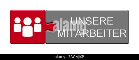 Pulsante puzzle in due pezzi che mostra i nostri dipendenti con un gruppo di persone Foto Stock