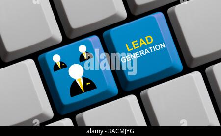 La tastiera blu con i simboli aziendali mostra la generazione di lead online Foto Stock