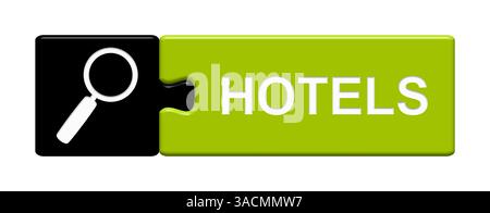 Pulsante puzzle in due pezzi mostra la ricerca di hotel con lente di ingrandimento Foto Stock