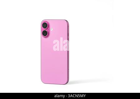 Vista posteriore sottile dello smartphone rosa su sfondo bianco. Tracciato di ritaglio incluso Foto Stock