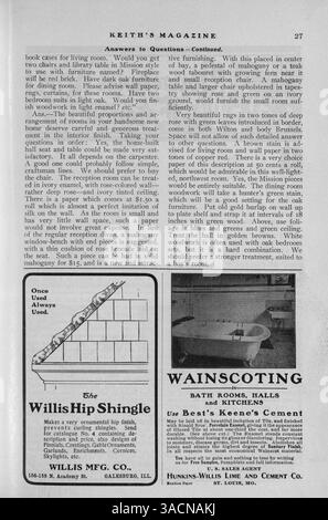 Keith's Magazine, fondata nel 1904, presenta numeri mensili che mostrano progetti architettonici, tra cui fotografie, illustrazioni e planimetrie. La rivista offre dettagli di costruzione, costi e idee di design per case in una varietà di stili. Include contenuti aggiuntivi sulla decorazione degli interni e sul paesaggio. Alcune questioni si concentrano anche sulla progettazione di edifici per scuole e chiese, con annunci per materiali da costruzione e arredi per la casa. Foto Stock