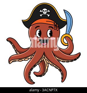 Buffo polpo pirata che indossa un cappello nero. Design stravagante e divertente, perfetto per compleanni, vacanze ed eventi a tema pirata. Illustrazione Vettoriale