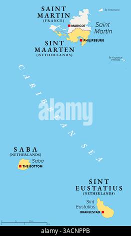 Isole SSS dei Caraibi olandesi, mappa politica. Sint Maarten, Sint Eustatius e Saba. Note anche come Windward Islands. Foto Stock