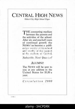 Questa edizione 1921 del Centralian Yearbook from Central High School documenta le attività e i risultati degli studenti, tra cui accademici, atletica e club extracurriculari. L'annuario presenta anche l'impatto degli studenti afroamericani sulla vita culturale e accademica della scuola durante l'anno 1920-1921. Foto Stock