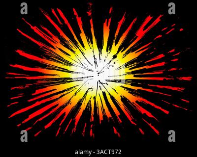 Immagine di sfondo disegnata con tratti esteriori e sfumatura di colore da bianco a giallo a rosso su sfondo nero. Foto Stock