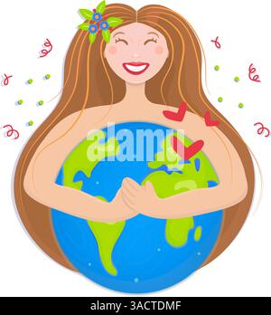 Donna rossa felice che abbraccia il pianeta Terra. Illustrazione a colori brillanti per il giorno della Terra e il giorno dell'ambiente. Concetto di ecologia, salvare e amare la natura Illustrazione Vettoriale