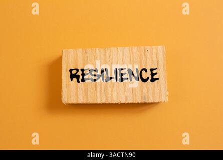Messaggio di resilienza scritto su un pezzo di legno su sfondo arancione. Simbolo della resilienza concettuale. Copia spazio. Foto Stock