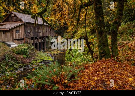 Lo storico mulino sopra Cedar Creek a Woodland, Washington State, USA Foto Stock
