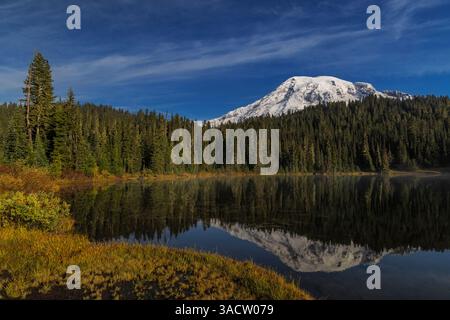Mount Rainier nel lago Reflection nel Mount Rainier National Park, Washington State, USA Foto Stock
