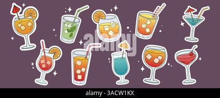 Prepara cocktail alcolici in bicchieri in uno stile retrò di fumetti di diverse forme. Drink estivi classici, aperitivo. Bevande disegnate a mano e modificabili Illustrazione Vettoriale