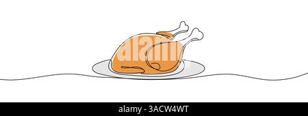 Arte a una linea di tacchino o pollo, carne di pollame fritta, disegno continuo dei contorni, cibo tradizionale disegnato a mano il giorno del Ringraziamento, piatto caldo contorno festivo de Illustrazione Vettoriale