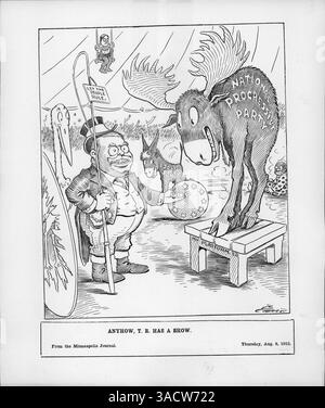 In questo cartone animato politico, Theodore Roosevelt appare come un maestro di ring in un circo, tenendo una frusta che dice "lascia che il popolo regni". Nelle vicinanze si trova un alce toro che rappresenta il Partito Nazionale Progressista. Il cartone raffigura figure politiche tra cui Hiram Johnson, candidato alla vicepresidenza del progressista, e un asino etichettato "Solid South". Il Sud solido era associato al Partito Democratico. Foto Stock