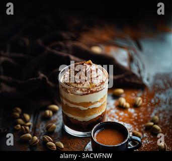 Elegante dessert tiramisù a strati con pistacchi e caffè in un ambiente rustico Foto Stock