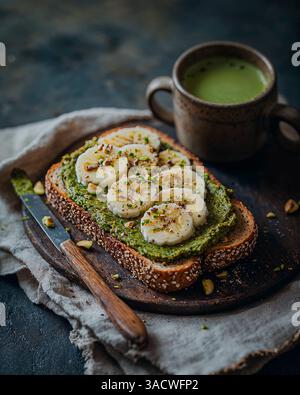 Toast alla banana con avocado con pistacchi e Matcha latte su tavola di legno Foto Stock