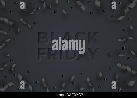 Serpentina, palle e nastri neri. Modello di vendita per il Black friday. Testo vettoriale in stile neumorfismo Illustrazione Vettoriale