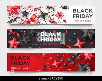 Tre striscioni orizzontali del Black friday con nastri realistici, stelle e palline colorate. Illustrazione vettoriale della carta festiva su sfondo rosso, bianco e nero Illustrazione Vettoriale