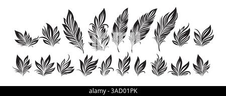 Set di motivi in piuma nera dal design complesso in vari stili e disposizioni. Illustrazione vettoriale Illustrazione Vettoriale