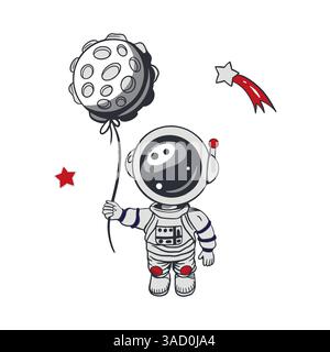 Astronauta in piedi con la luna sotto forma di palloncino in mano. Illustrazione vettoriale disegnata a mano. Per biglietti Cosmonautics Day, inviti, grandi Illustrazione Vettoriale