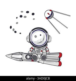 Astronauta seduto su un razzo, via lattea, satellite. Illustrazione vettoriale disegnata a mano. Per biglietti, inviti, banner di grandi dimensioni, poster Illustrazione Vettoriale