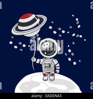 Astronauta in piedi sulla luna con il pianeta Saturno sotto forma di palloncino in mano. Illustrazione vettoriale disegnata a mano. Cartoline Cosmonautics Day, invita Illustrazione Vettoriale