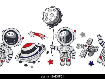 Cosmonauti, pianeta, luna, stelle, confine senza cuciture. Illustrazione vettoriale disegnata a mano. Per cartoline Cosmonautics Day, inviti, banner di grandi dimensioni, poster, cov Illustrazione Vettoriale