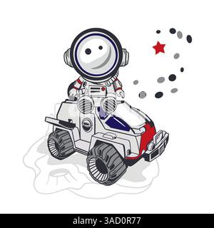 Cosmonauta seduto su un'auto spaziale, Mars rover. Illustrazione vettoriale disegnata a mano. Per cartoline Cosmonautics Day, inviti, banner grandi, poster, copertine, Illustrazione Vettoriale
