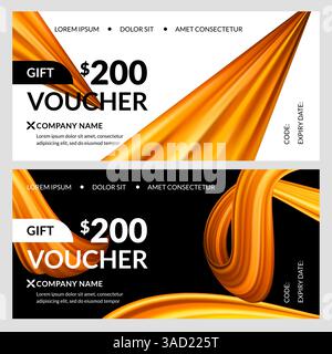 Set di buoni regalo con sfondo Motion 3d Golden Shiny Ribbon. Banner abstract saldi natalizi. Modello di design vettoriale di lusso per certificato Illustrazione Vettoriale